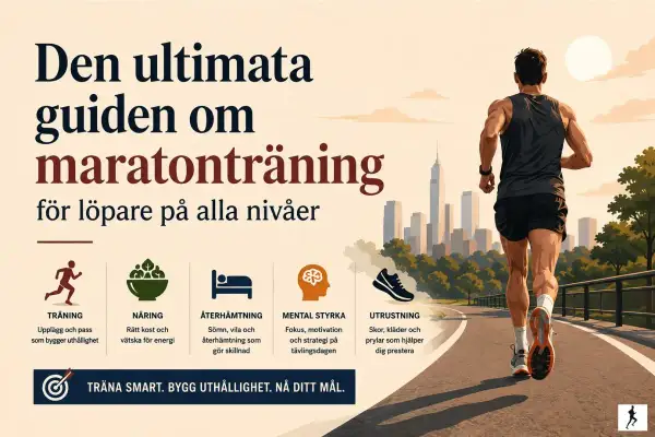 Man springer på en bana med stad i bakgrunden. Guiden handlar om maratonträning, med fokus på träning, näring, återhämtning, mental styrka och utrustning för att nå sitt mål.