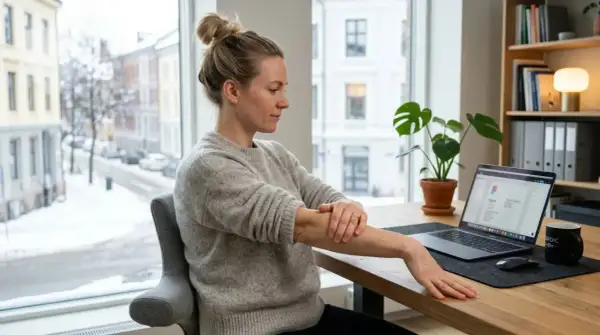 Kvinna tejpar sin golfarmbåge vid ett skrivbord med laptop. Utanför fönstret syns en snöig stadsgata.