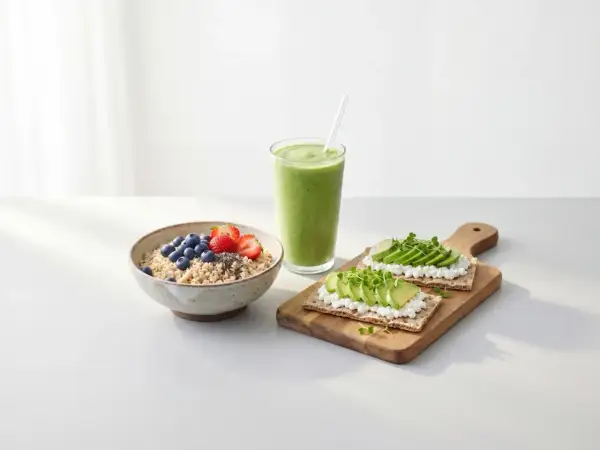 Frukost med havregrynsgröt, bär, avokadomackor och smoothie. Perfekt mellanmål för viktnedgång.
