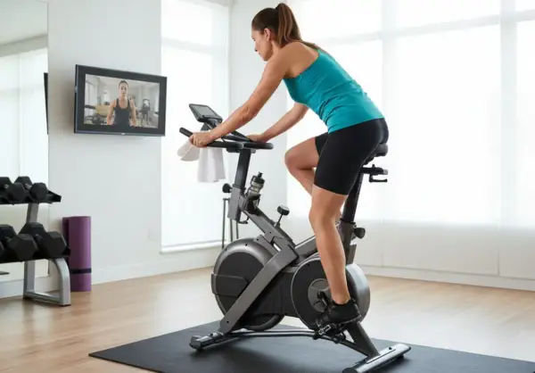 Kvinna tränar på motionscykel, följer instruktioner på skärmen. Kondition fakta för en hälsosam livsstil.