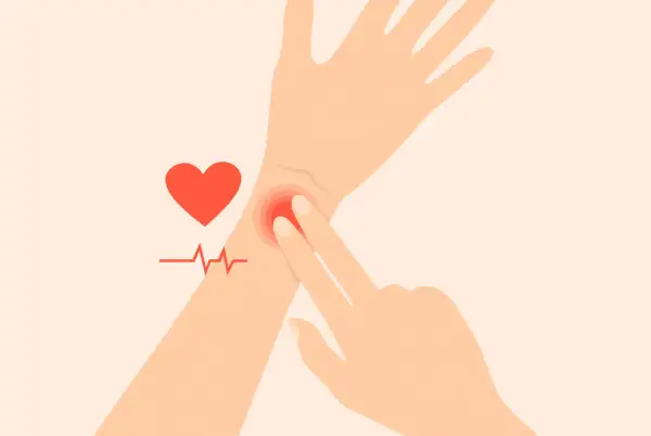 En elitidrottare känner sin vilopuls på handleden. Ett hjärta och EKG-kurva symboliserar hälsa.